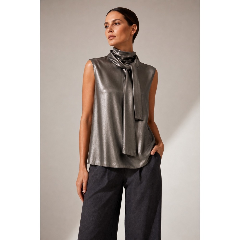 NWT Chiara Boni Designer Blouse 10 Metallic Silver Dressy Luxury Party MSRP $598